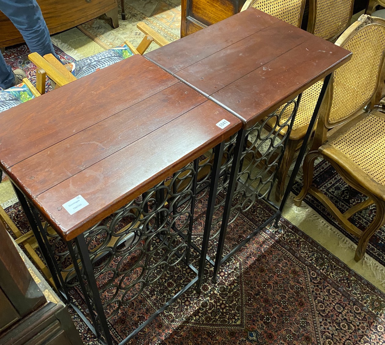 A pair of contemporary hardwood topped wrought iron wine tables, width 50cm, depth 40cm, height 92cm